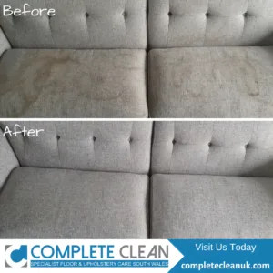 A before and after photo of a heavily stained sofa from pet usage. With the stains gone once we cleaned it.