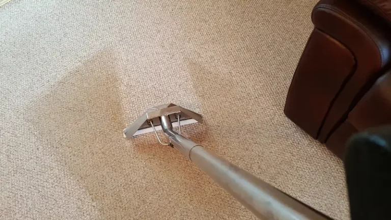 A light brown carpet during cleaning showing a clean section.