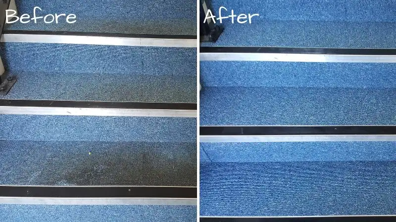 A side by side image showing the same section of blue stair carpet before and after cleaning. These are communal carpet tiles with aluminium nosings in an apartment block. The left image shows the uncleaned dirty carpet. The right side shows a beautiful clean carpet after cleaning.