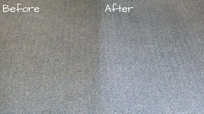 A blue commercial glued down carpet. The uncleaned left side is visibly dirty looking and the right side has been cleaned restoring the bright colour.